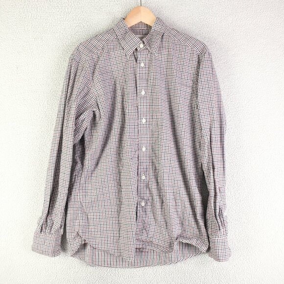 Ermenegildo Zegna Shirt Mens Large Gray Red Check Plaid Button Up Long Sleeve - Picture 1 of 10